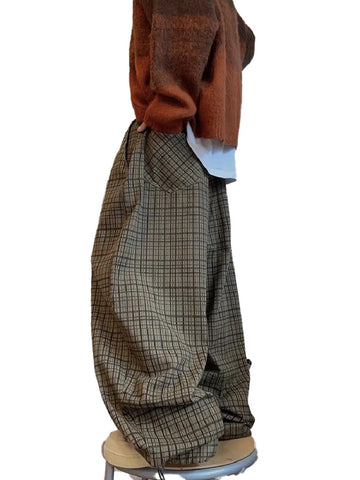 Spring Autumn Cool Oversized Long Flowy Baggy Wide Leg Pants for Mens Streetwear Loose Plaid Canvas Trousers